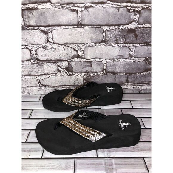 Corky’s Gold Crystal Rhinestone Thong Foam Wedge Sandals Women’s Sz 11M US/42EU - Picture 8 of 16